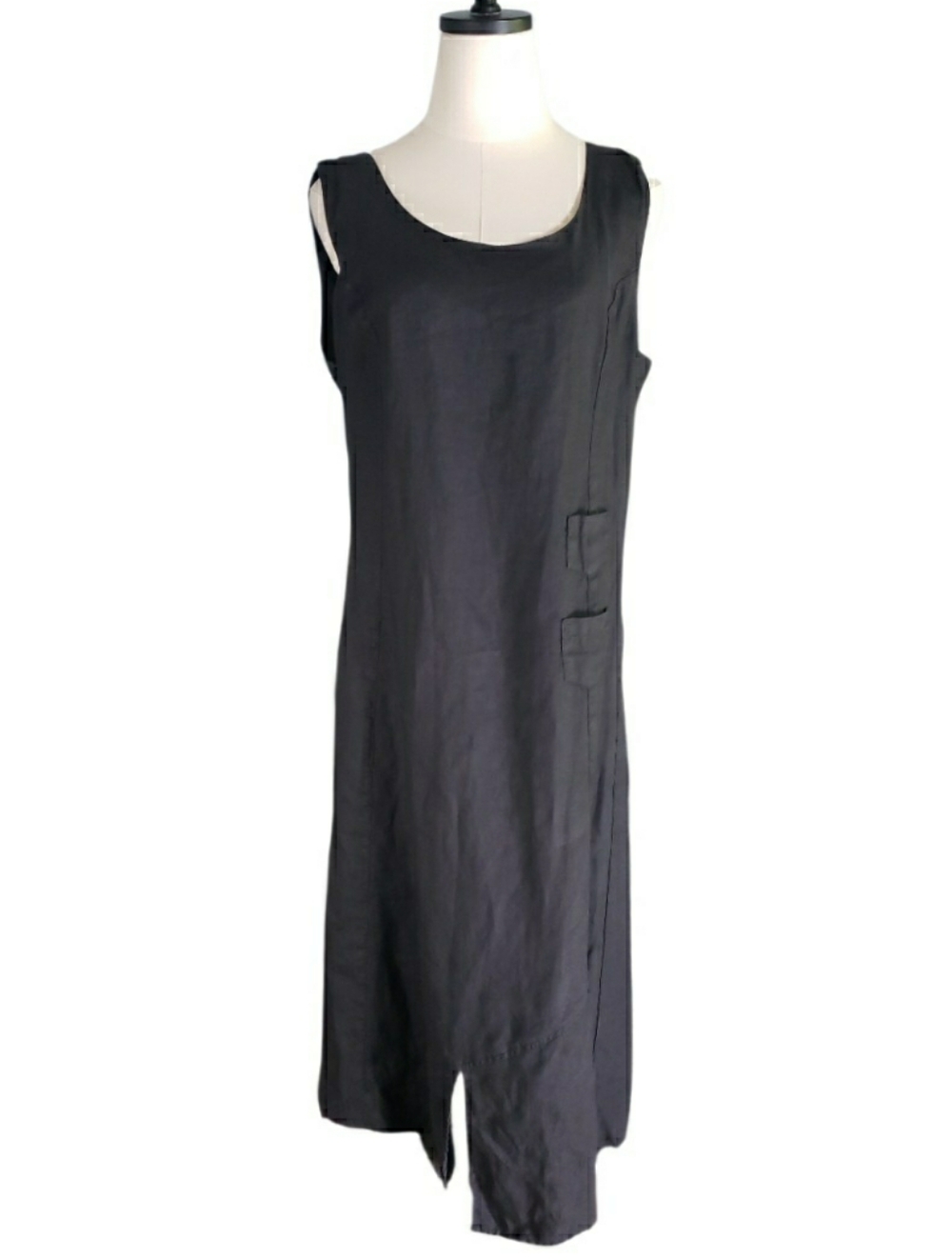 Color Me Cotton Click Linen Lagenlook Tiny Pockets Black Sleeveless Shift Dress